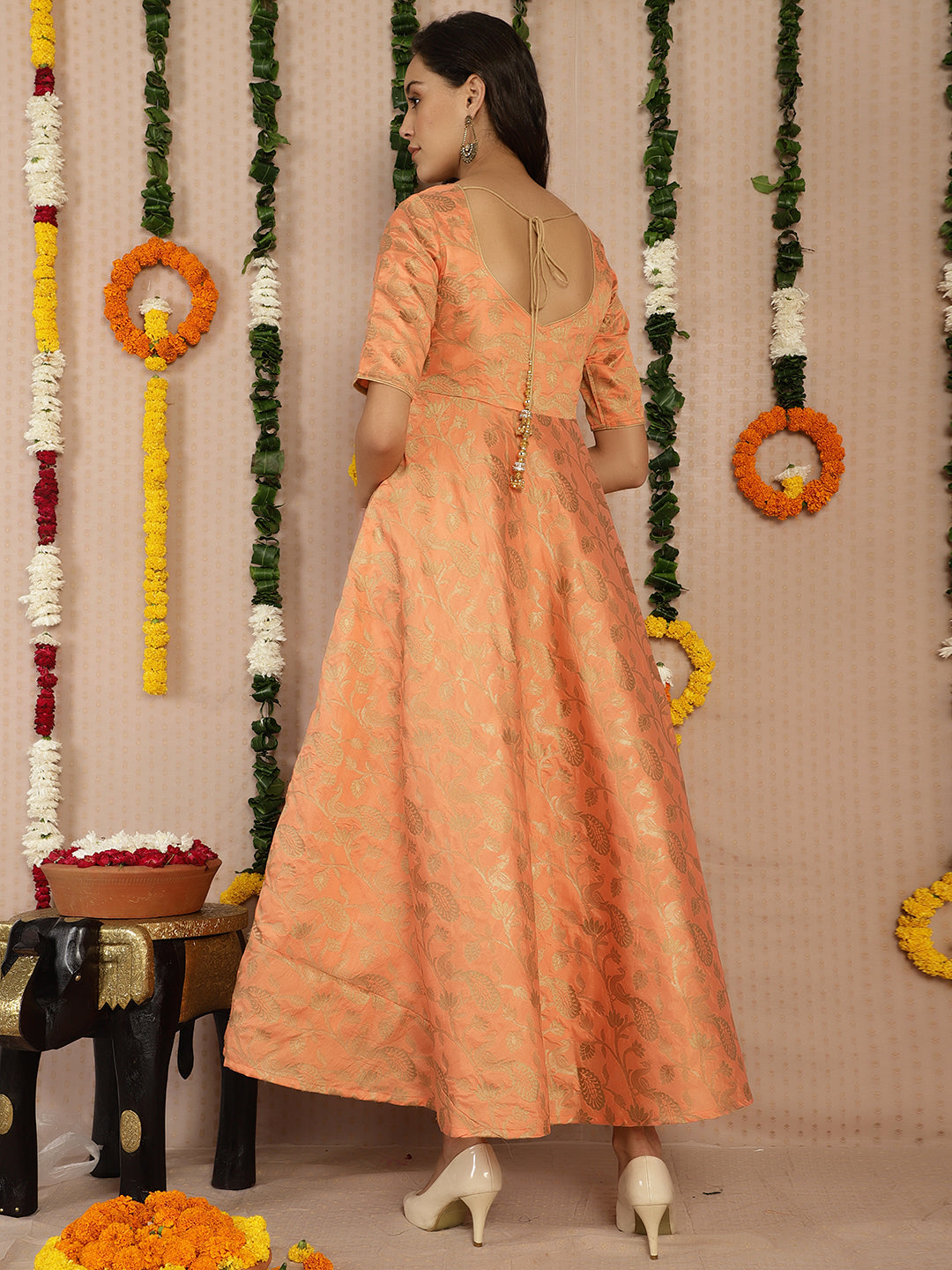 Women's Peach Jacquard Flared Maxi Dress