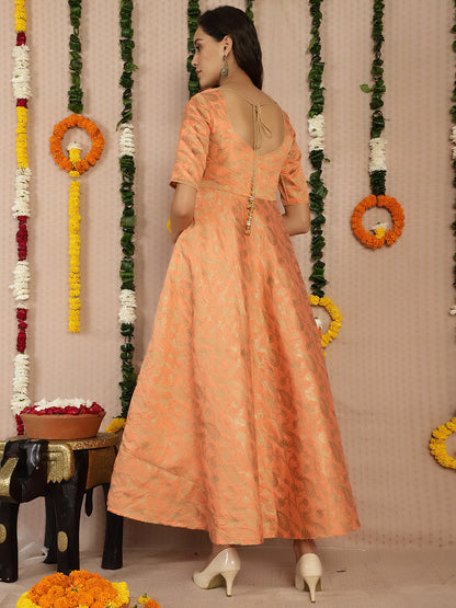 Women's Peach Jacquard Flared Maxi Dress