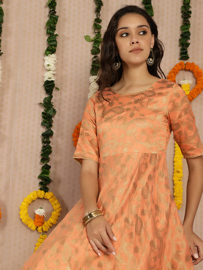 Women's Peach Jacquard Flared Maxi Dress