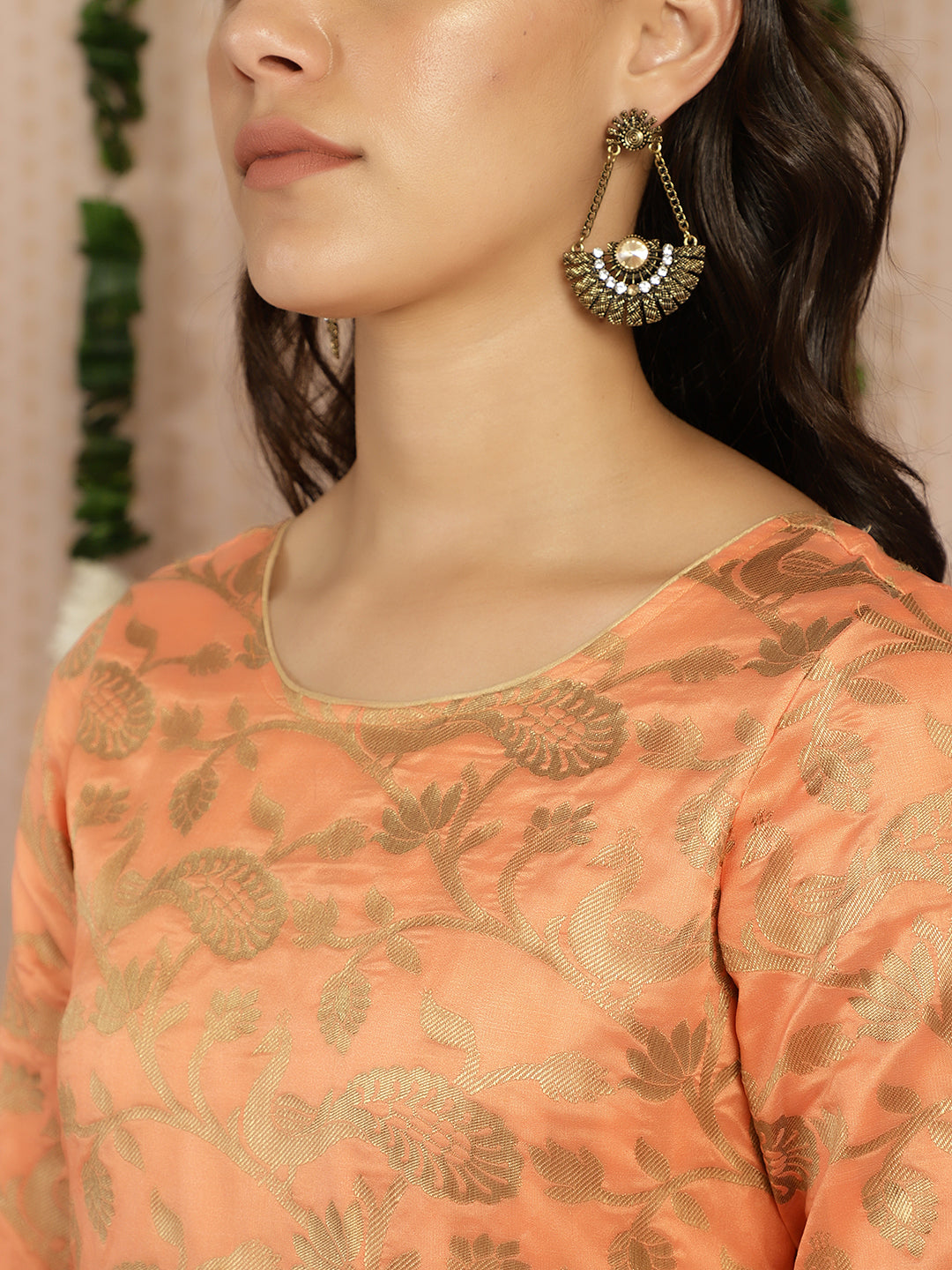 Women's Peach Jacquard Flared Maxi Dress