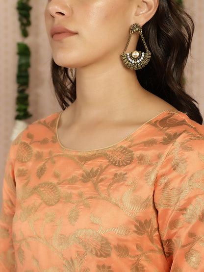 Women's Peach Jacquard Flared Maxi Dress