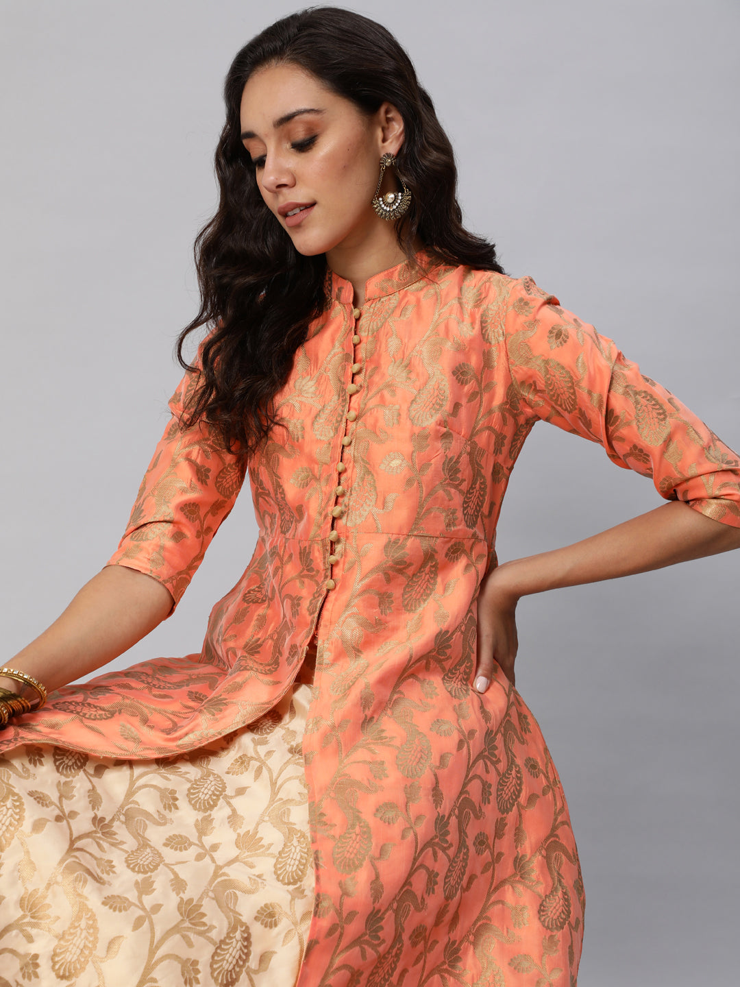 Women's Peach Jacquard Front Open Jacket