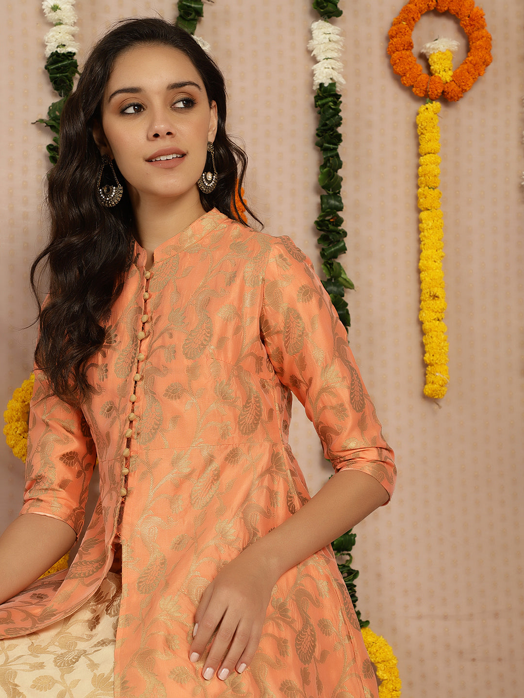 Women's Peach Jacquard Front Open Jacket