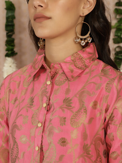 Women's Pink Jacquard Straight Kurta