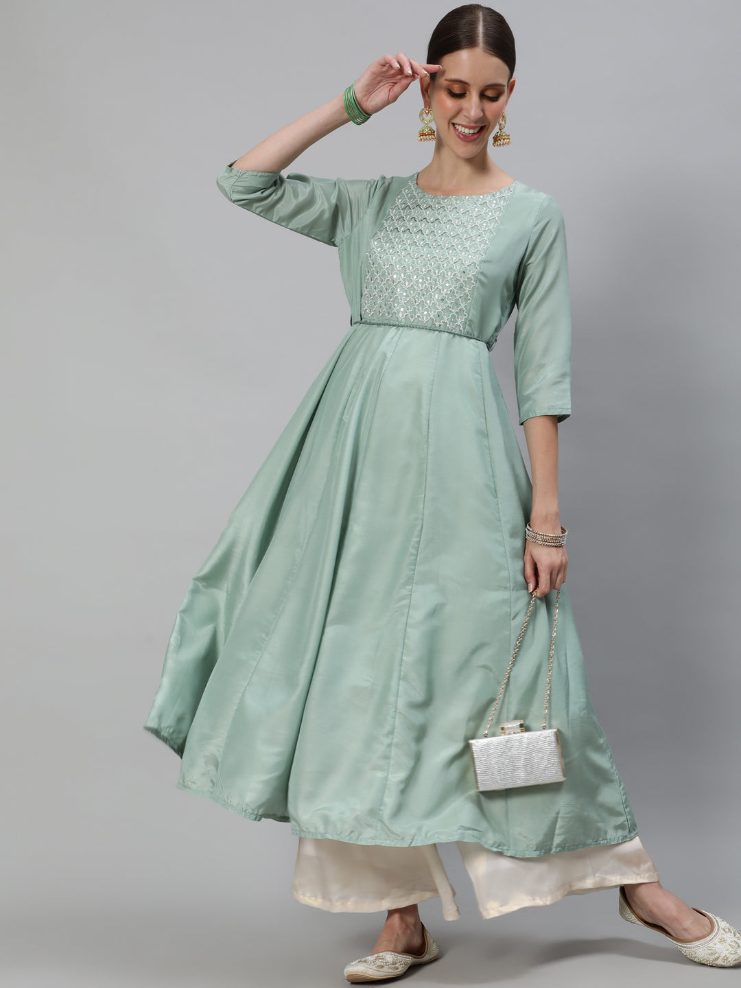 Women's Pastel Green Flared Anarkali