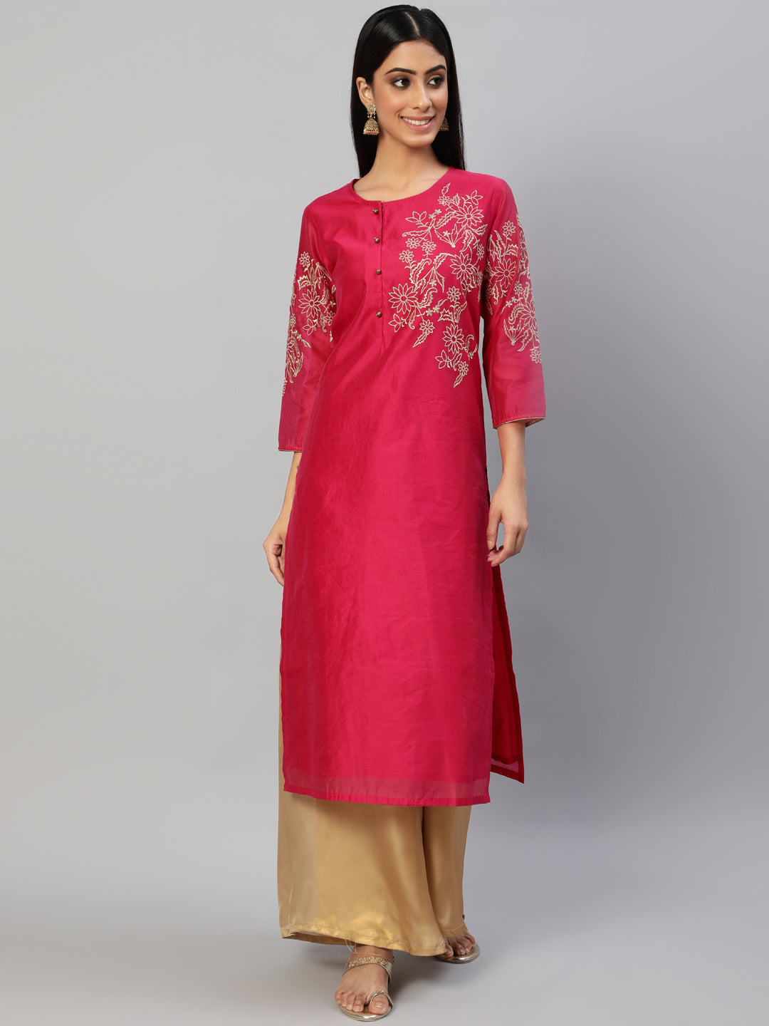 Women's Pink Floral Embroidered Kurta