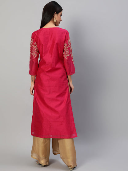 Women's Pink Floral Embroidered Kurta
