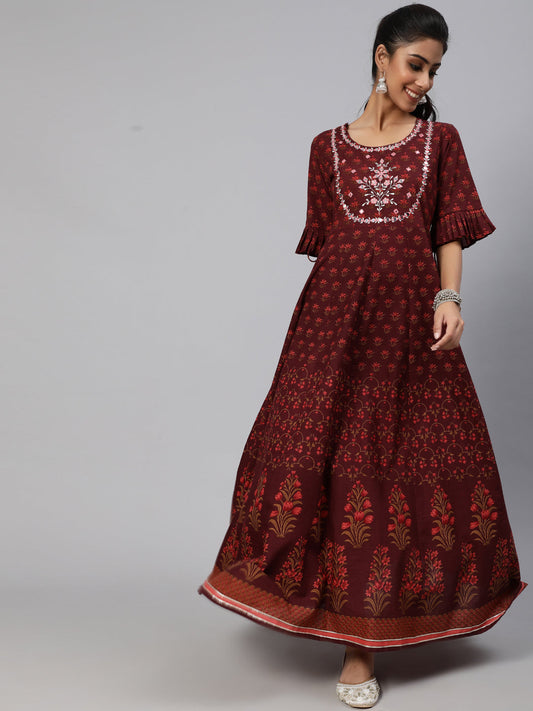 Women's Maroon Floral Print Flared Maxi Dress