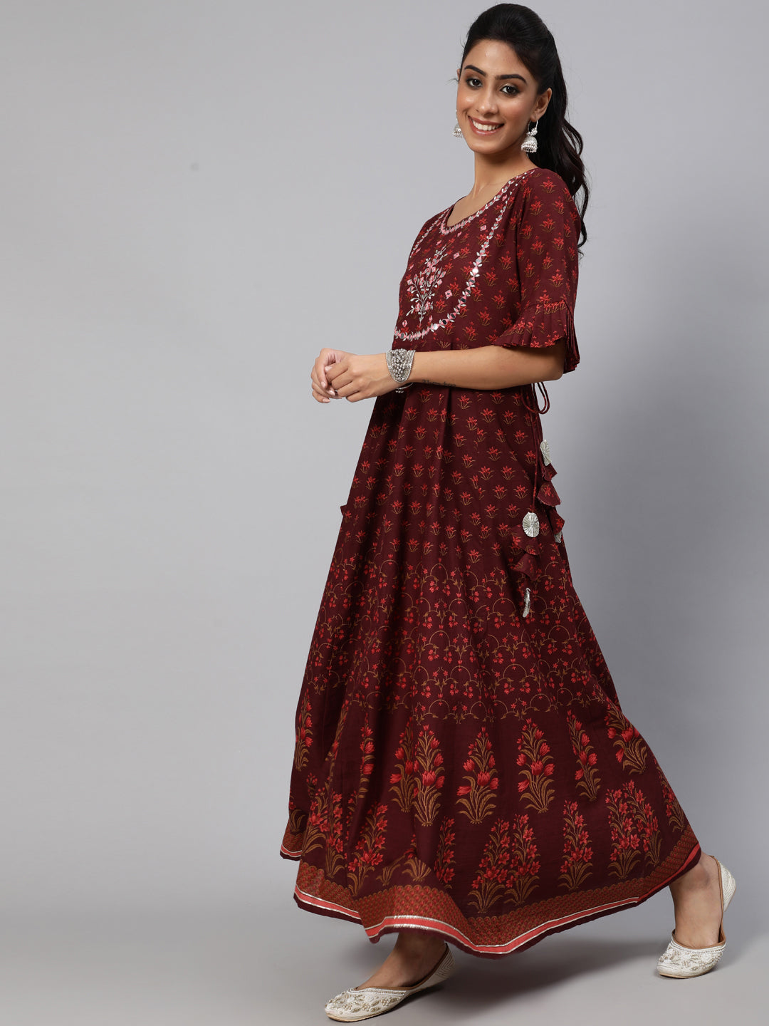 Women's Maroon Floral Print Flared Maxi Dress