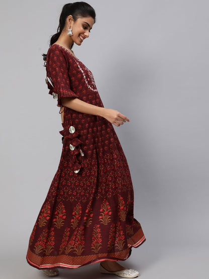 Women's Maroon Floral Print Flared Maxi Dress
