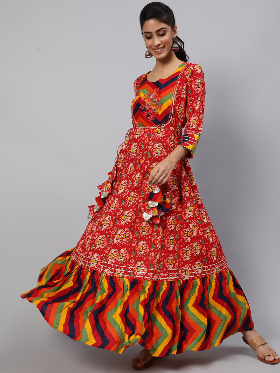 Women's Red Maxi Dress With Embroidered Yoke