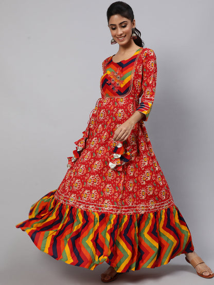 Women's Red Maxi Dress With Embroidered Yoke