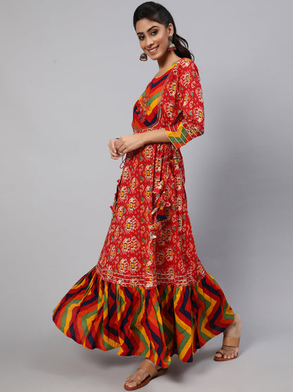 Women's Red Maxi Dress With Embroidered Yoke