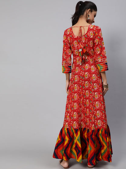 Women's Red Maxi Dress With Embroidered Yoke