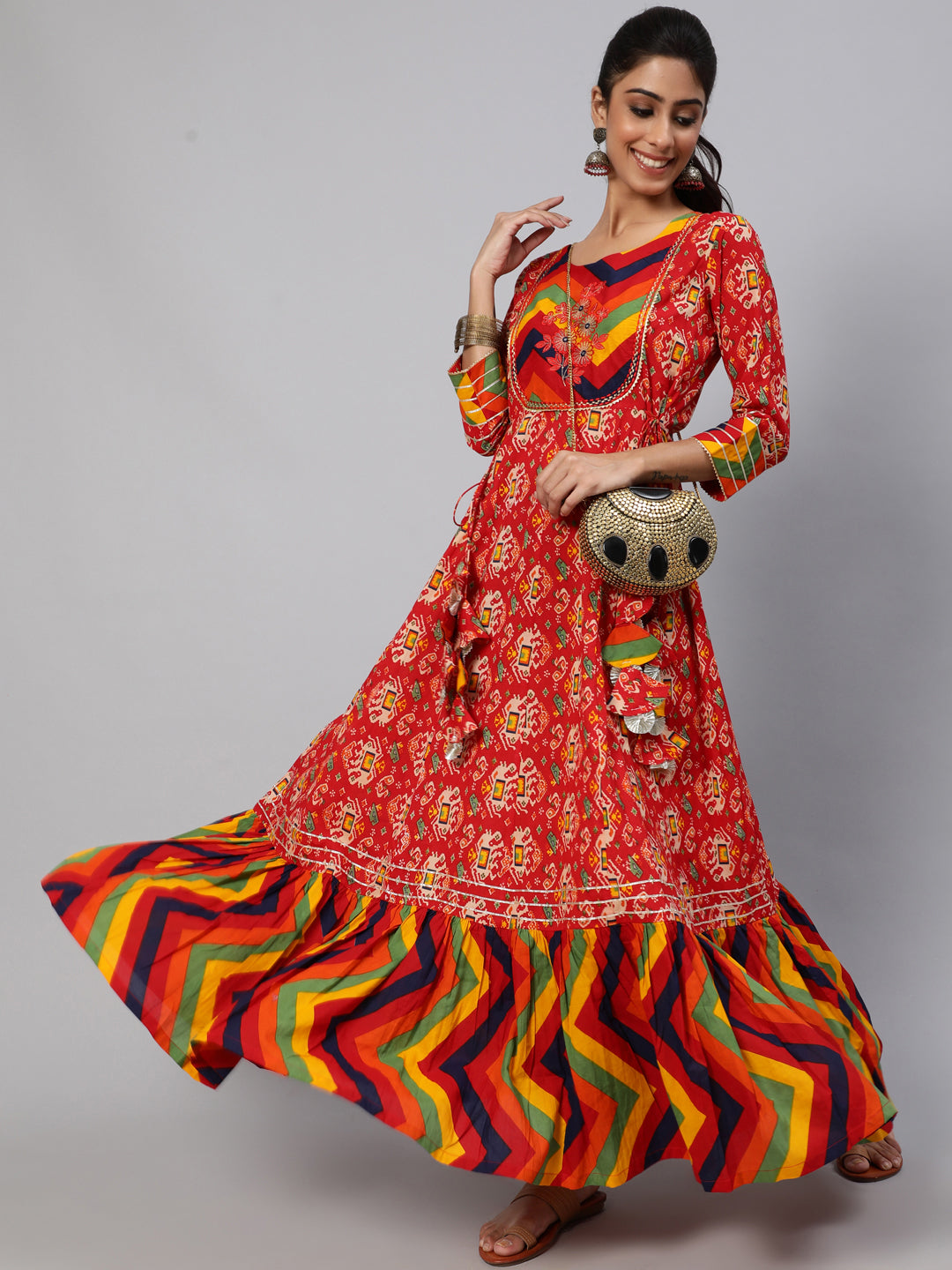 Women's Red Maxi Dress With Embroidered Yoke