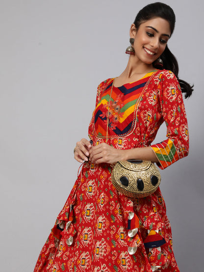 Women's Red Maxi Dress With Embroidered Yoke