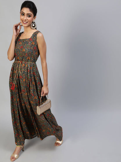 Women's Grey Gold Printed Box Pleated Maxi Dress
