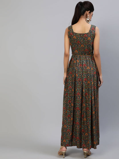Women's Grey Gold Printed Box Pleated Maxi Dress