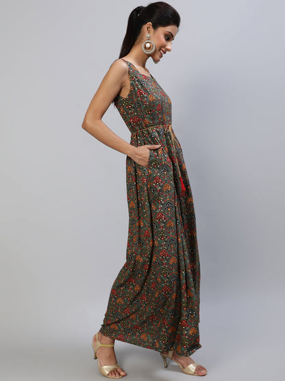 Women's Grey Gold Printed Box Pleated Maxi Dress
