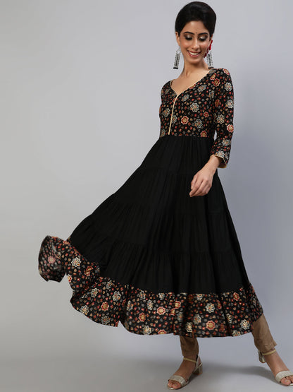 Women's Black Gold Printed Tiered Anarkali