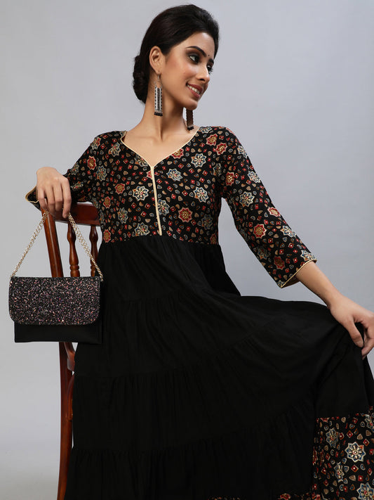 Women's Black Gold Printed Tiered Anarkali