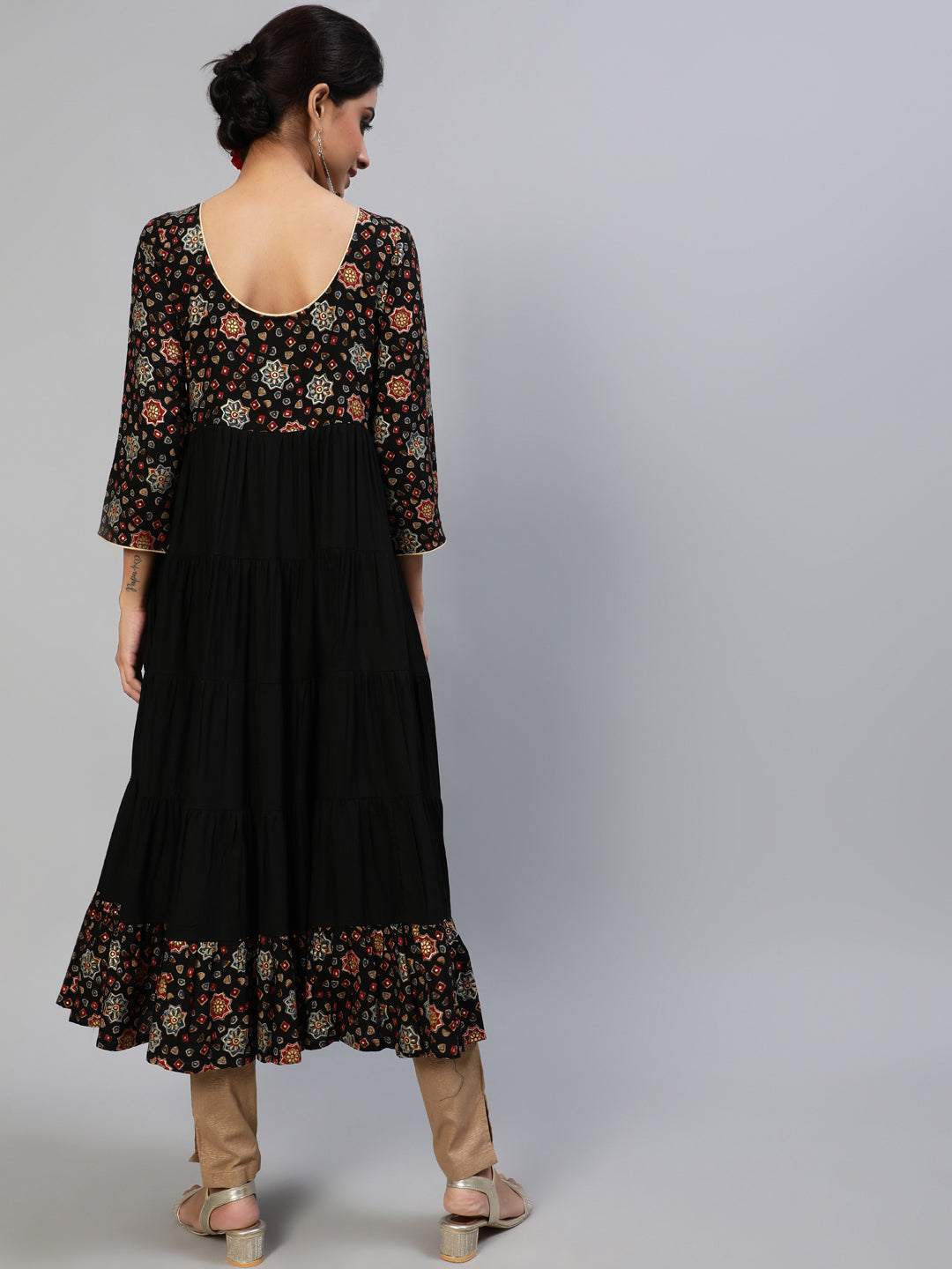 Women's Black Gold Printed Tiered Anarkali