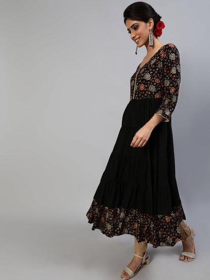 Women's Black Gold Printed Tiered Anarkali