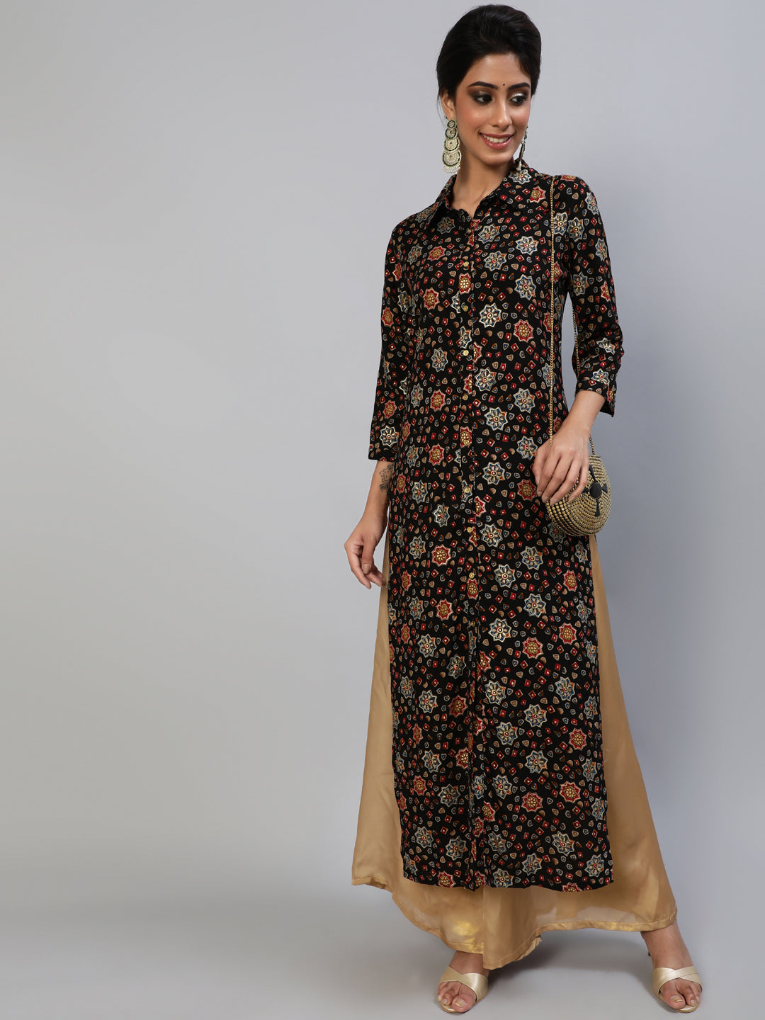 Women's Black Gold Printed Button Down Kurta