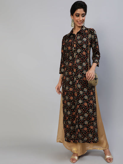 Women's Black Gold Printed Button Down Kurta