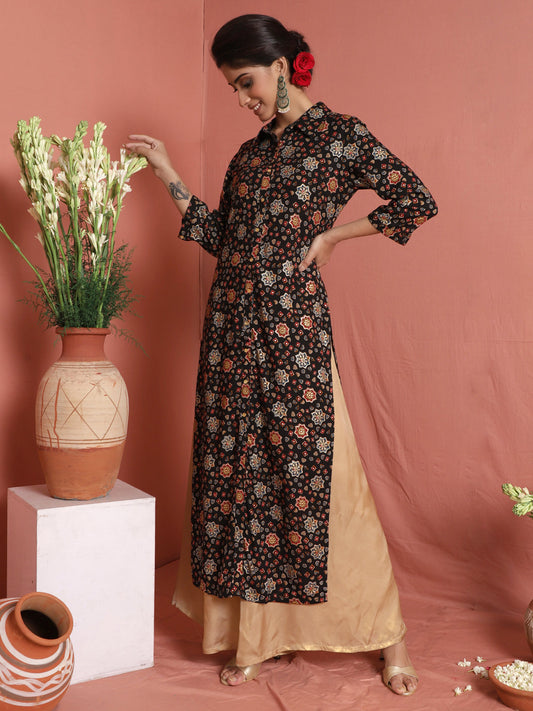 Women's Black Gold Printed Button Down Kurta