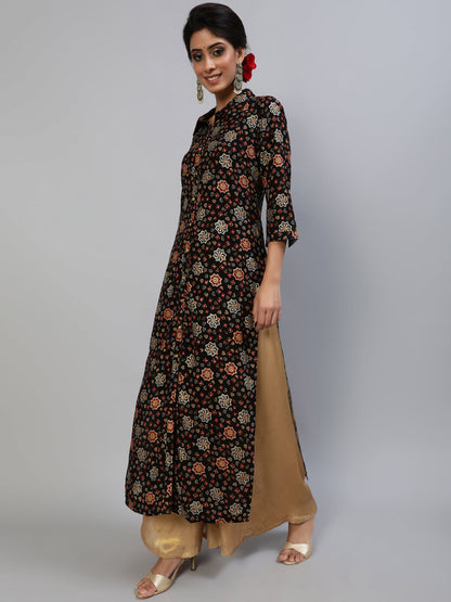 Women's Black Gold Printed Button Down Kurta