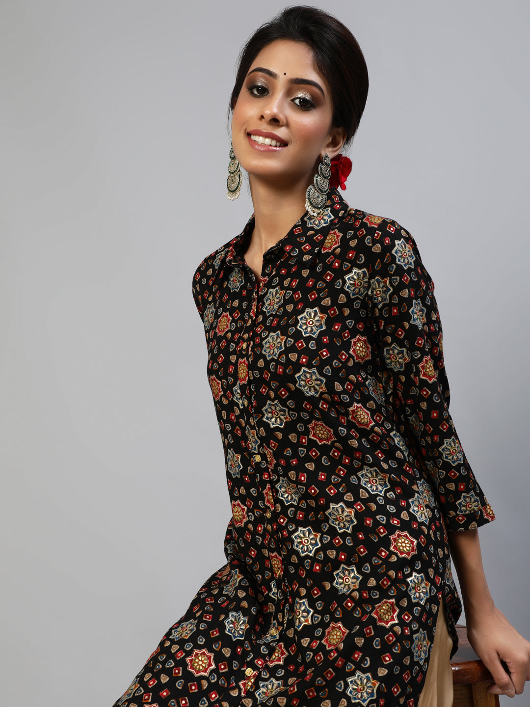 Women's Black Gold Printed Button Down Kurta