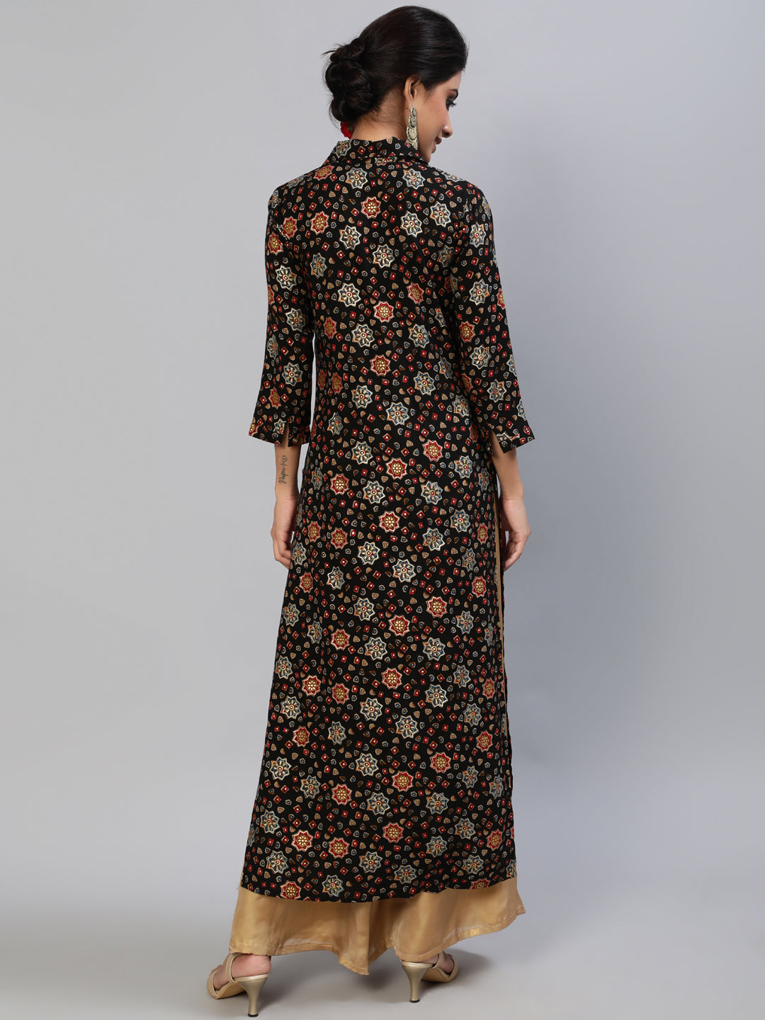 Women's Black Gold Printed Button Down Kurta