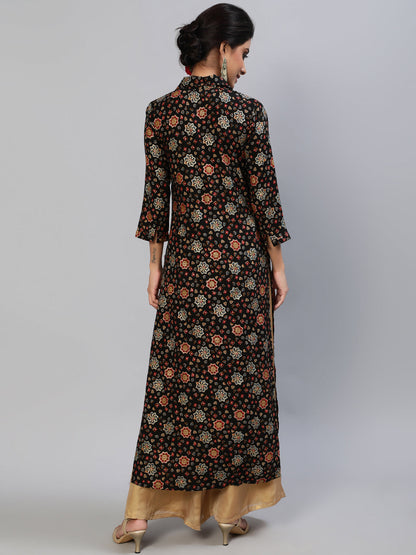 Women's Black Gold Printed Button Down Kurta
