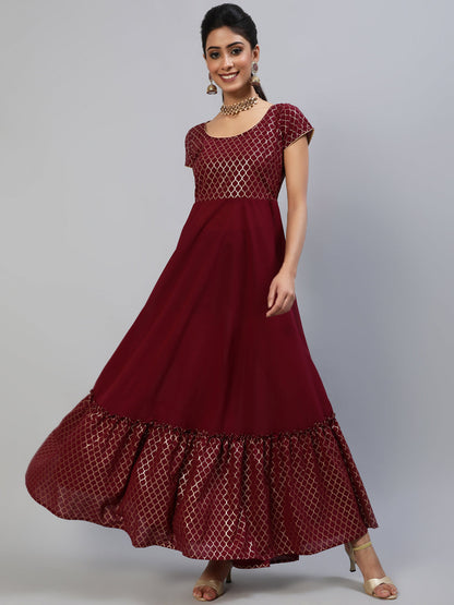 Women's Maroon Gold Foil Print Maxi Dress
