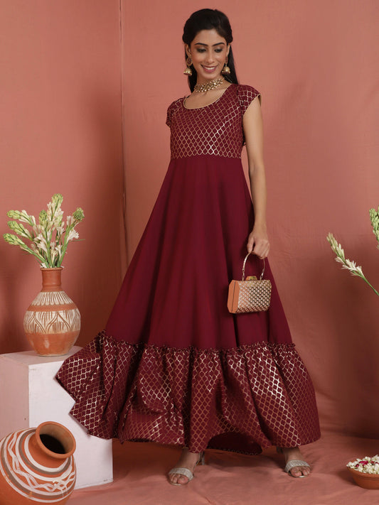 Women's Maroon Gold Foil Print Maxi Dress