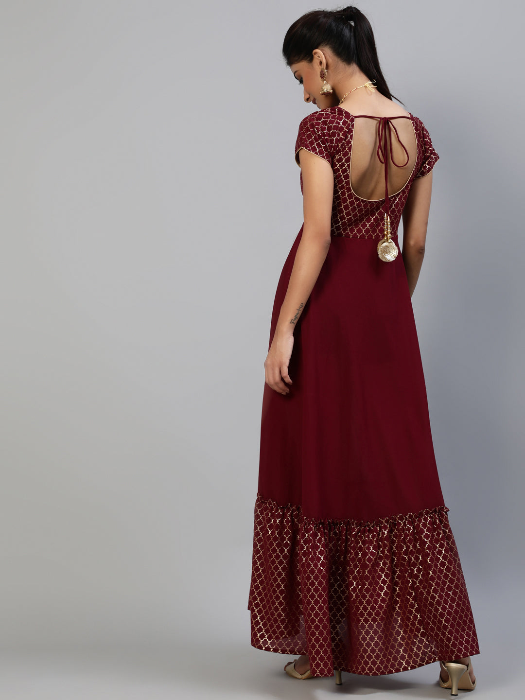 Women's Maroon Gold Foil Print Maxi Dress