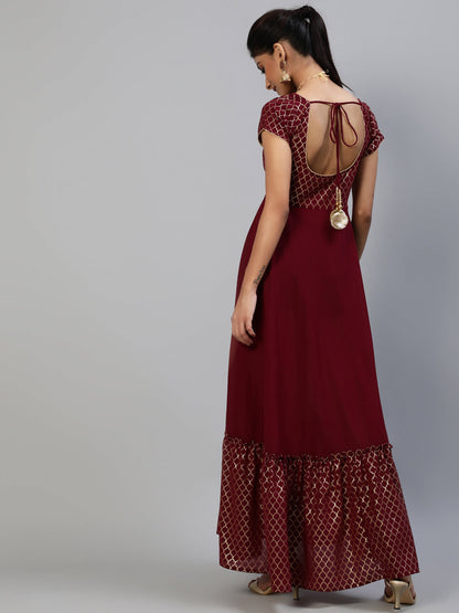 Women's Maroon Gold Foil Print Maxi Dress