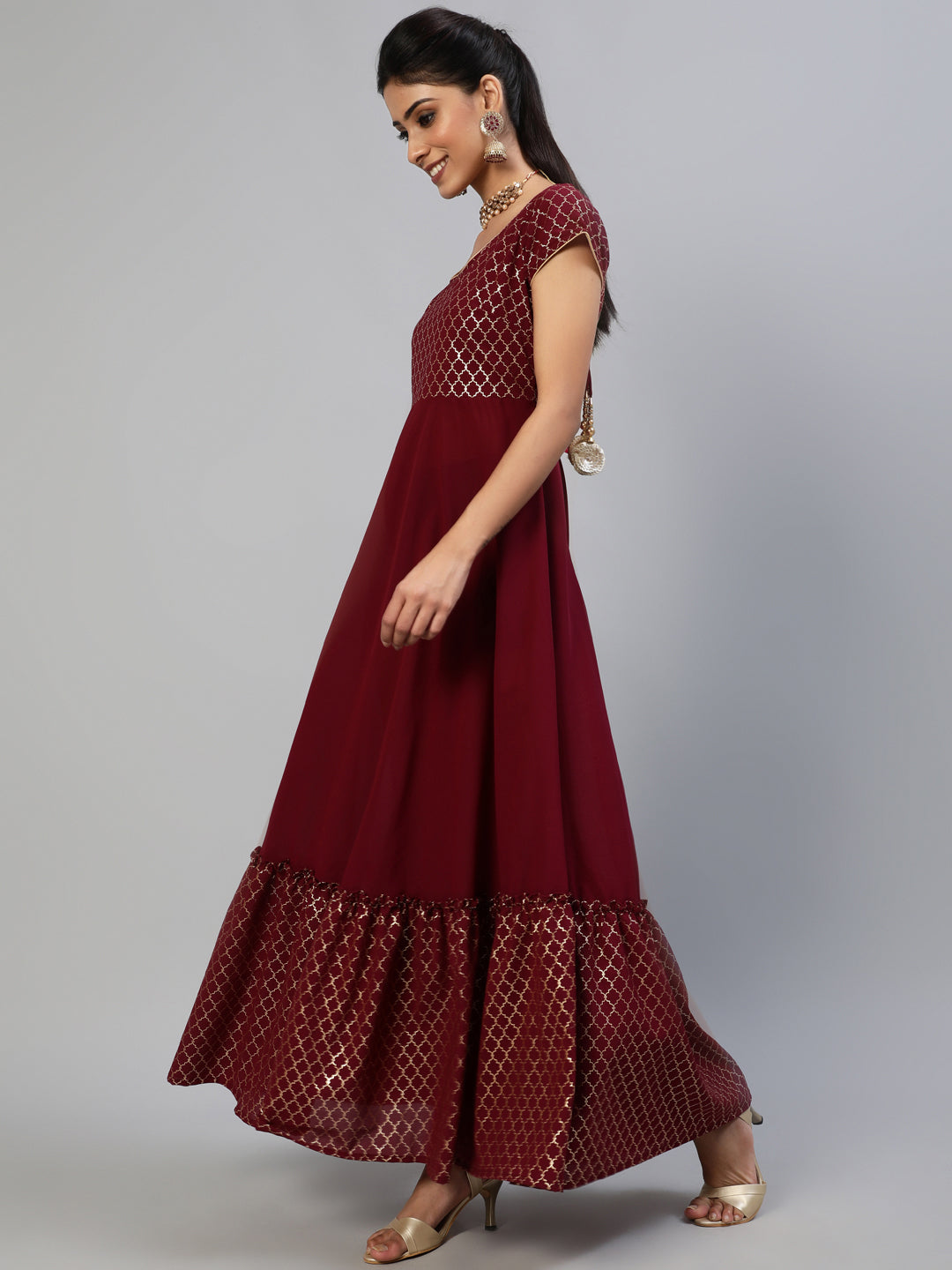 Women's Maroon Gold Foil Print Maxi Dress