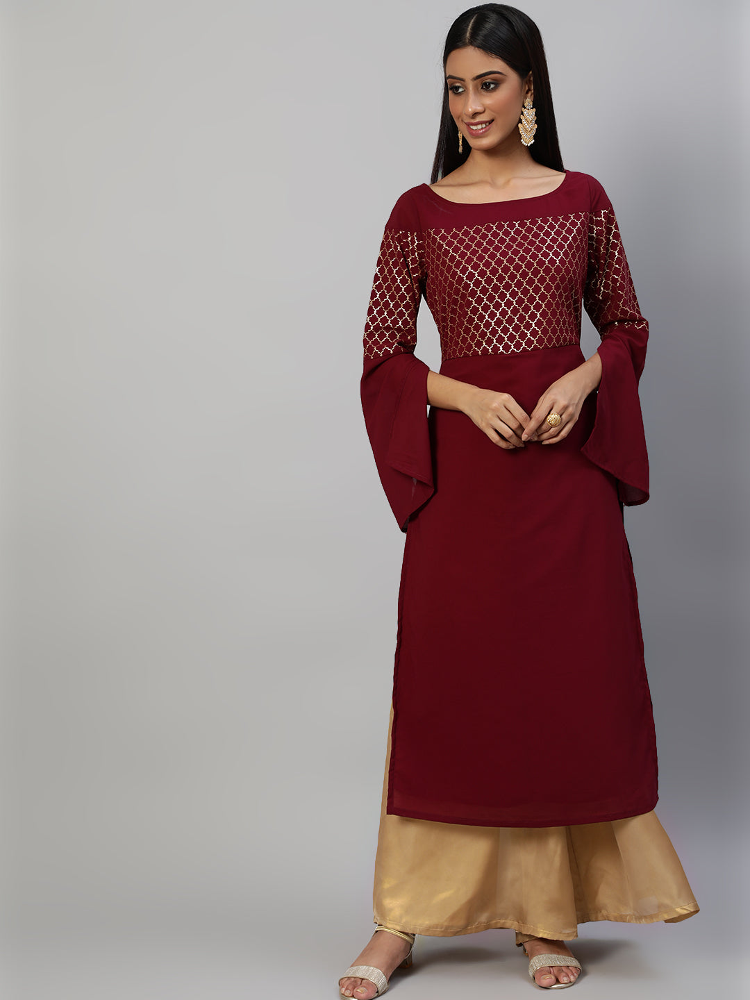 Women's Maroon Gold Foil Print Kurta