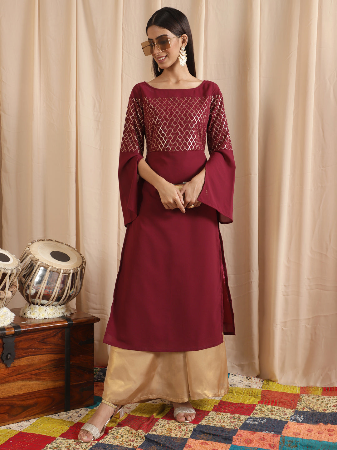 Women's Maroon Gold Foil Print Kurta
