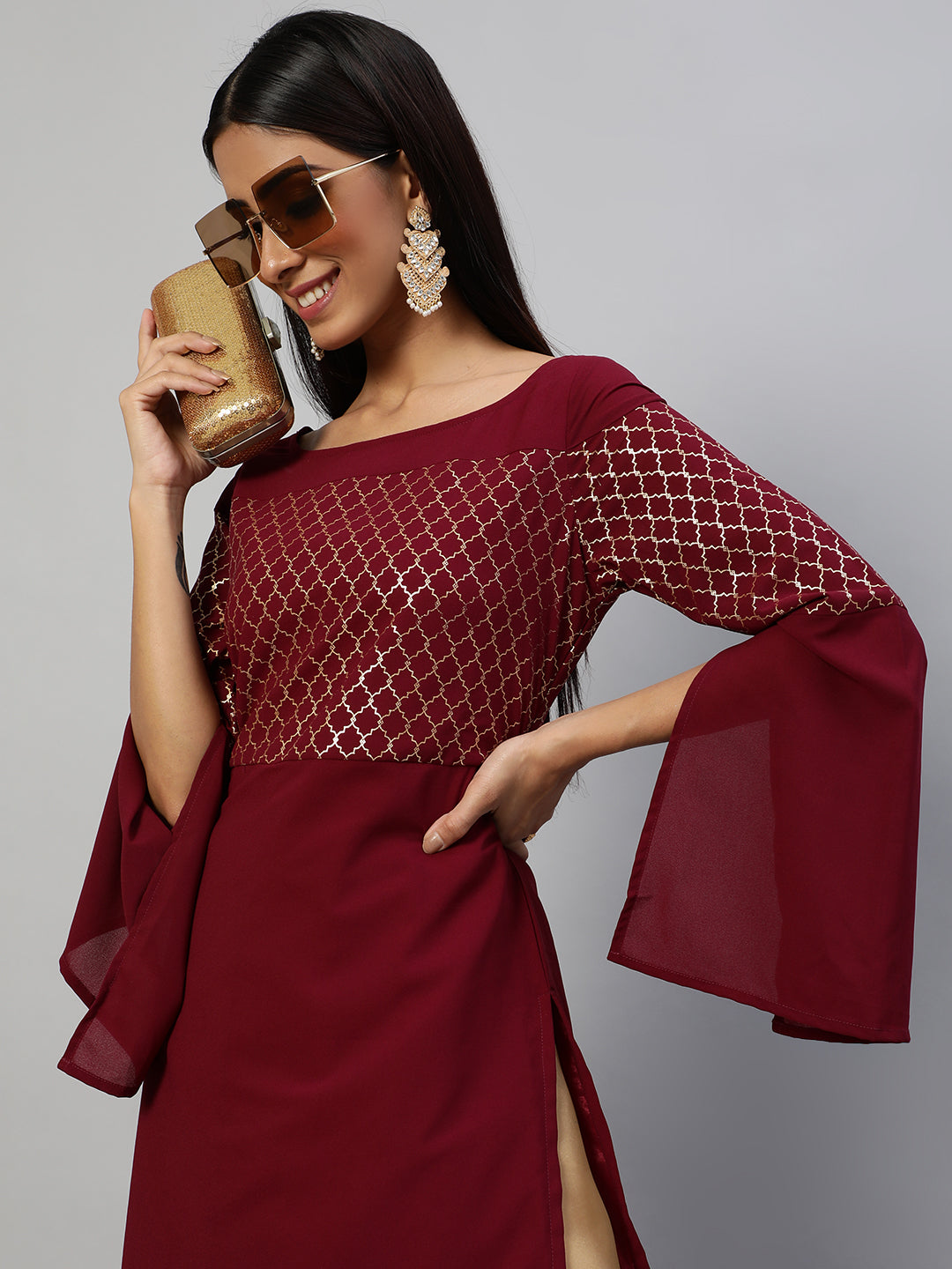 Women's Maroon Gold Foil Print Kurta