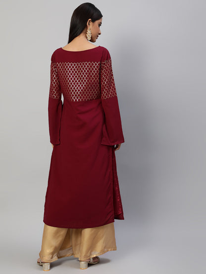 Women's Maroon Gold Foil Print Kurta