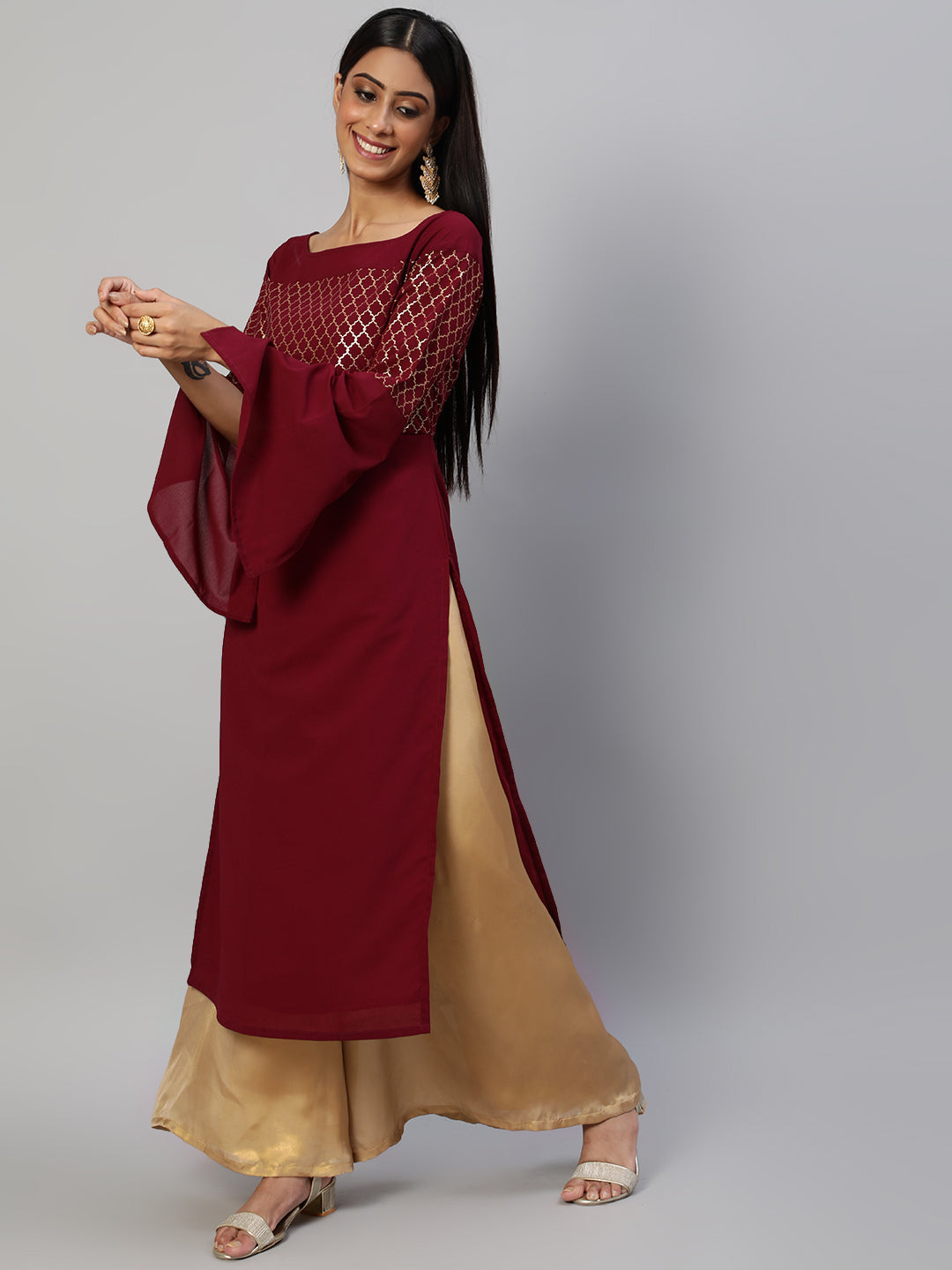 Women's Maroon Gold Foil Print Kurta