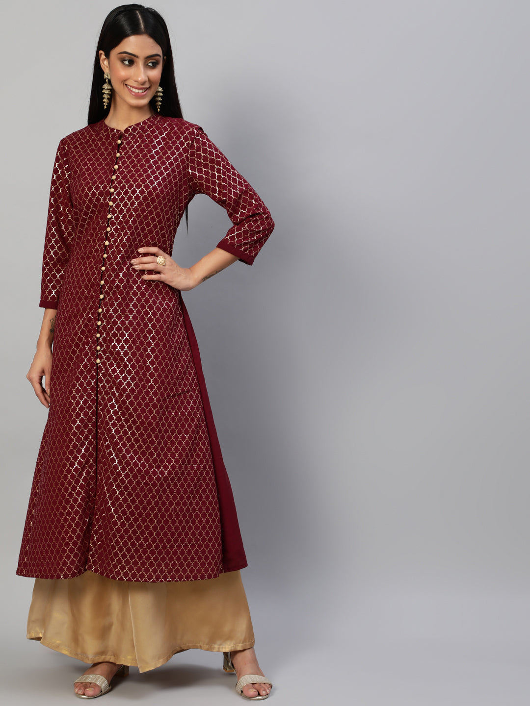Women's Maroon Foil Printed A-Line Kurta