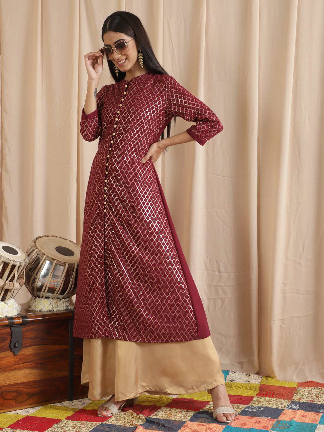 Women's Maroon Foil Printed A-Line Kurta