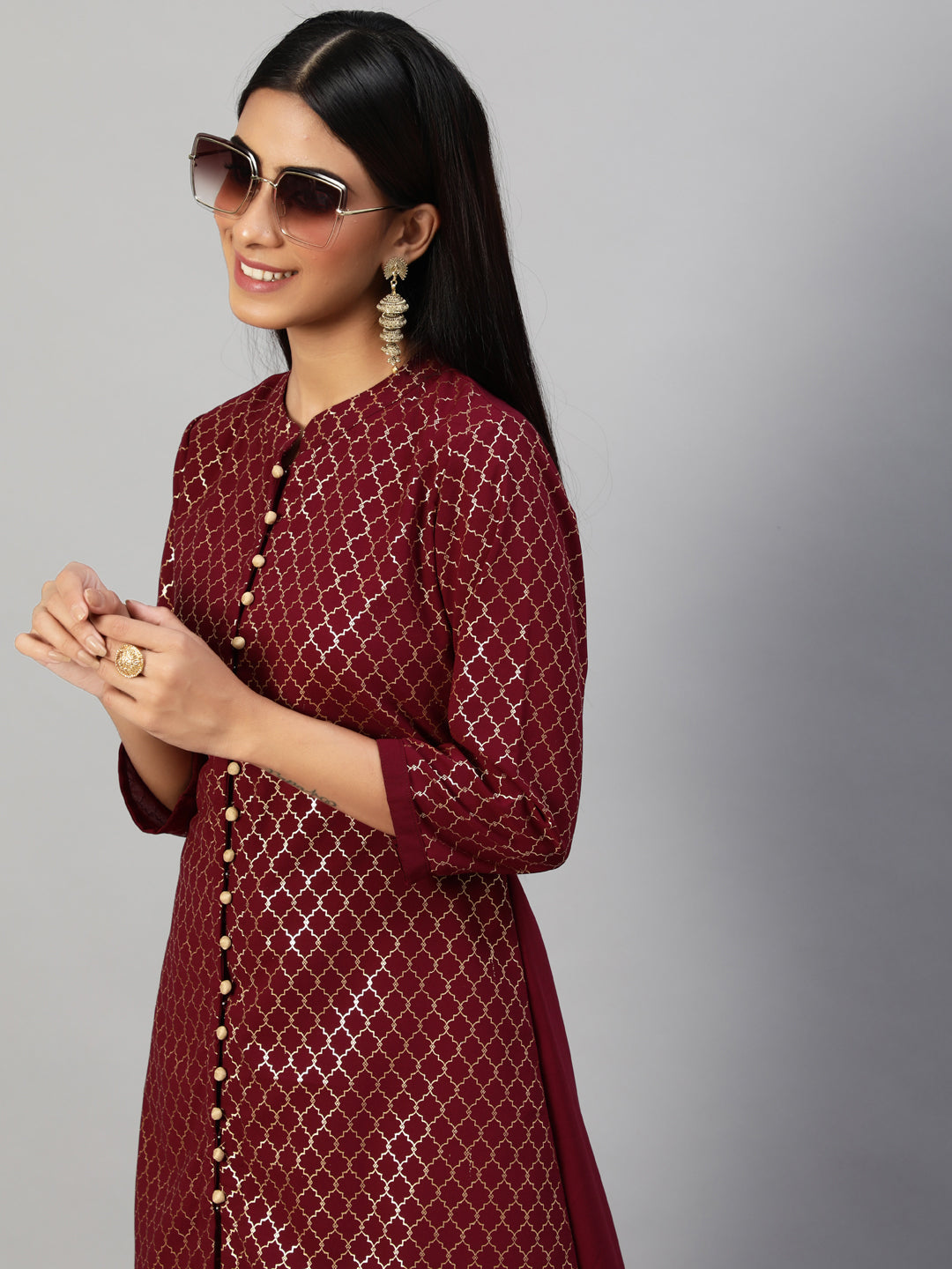 Women's Maroon Foil Printed A-Line Kurta