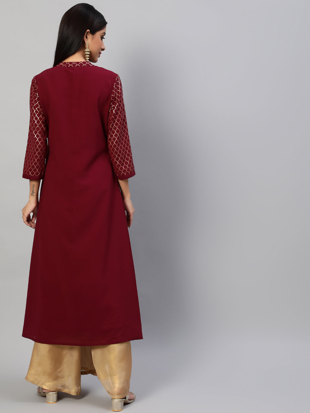 Women's Maroon Foil Printed A-Line Kurta
