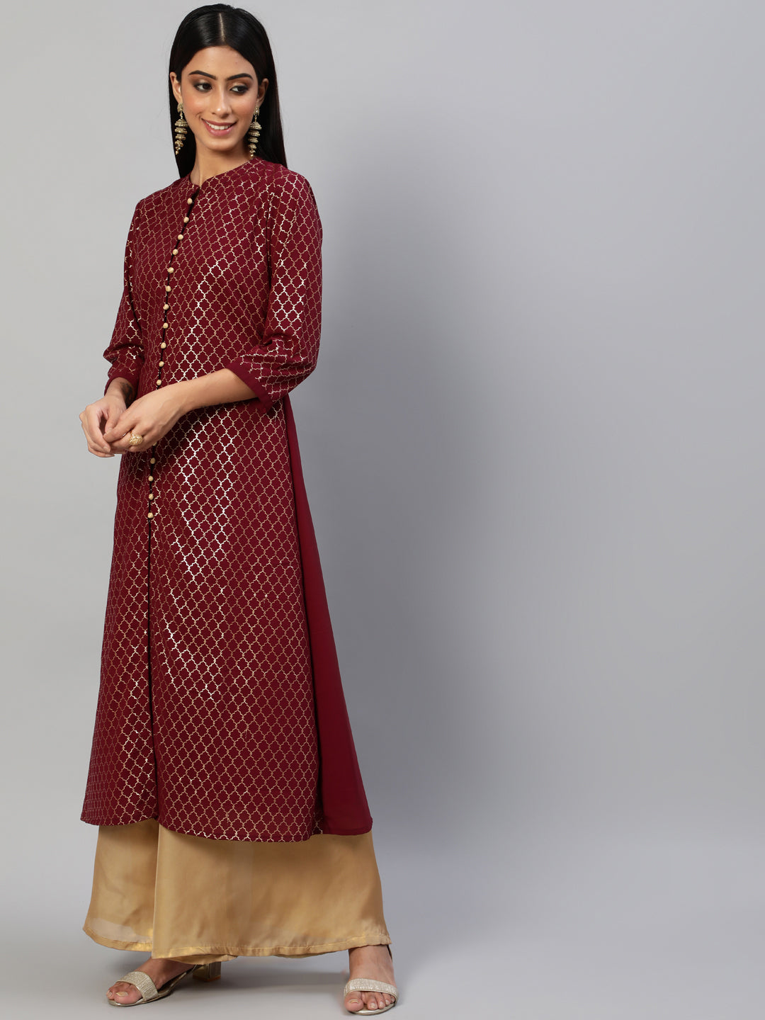 Women's Maroon Foil Printed A-Line Kurta