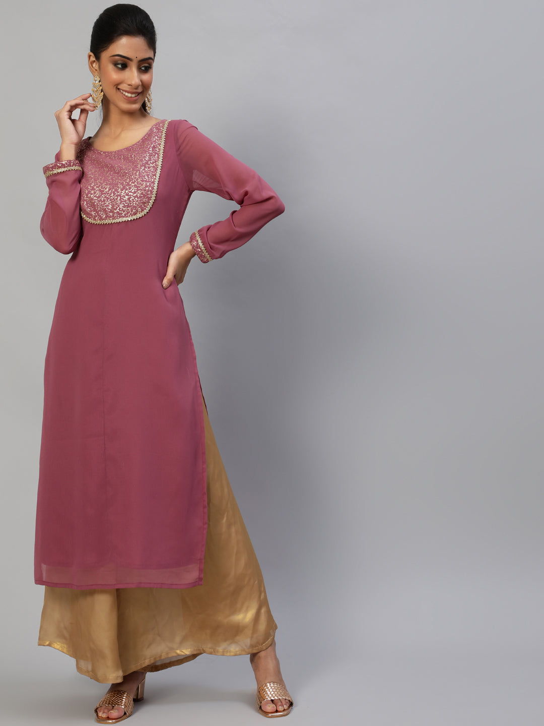 Women's Mauve Gold Foil Print Kurta
